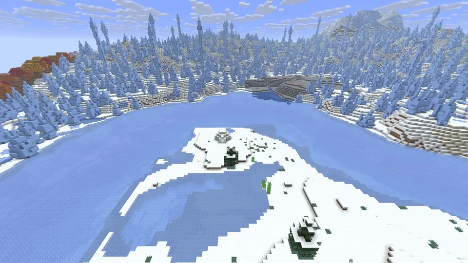 Small igloo on a snowy islet in ice-covered water, a field of blue ice spikes and red trees behind