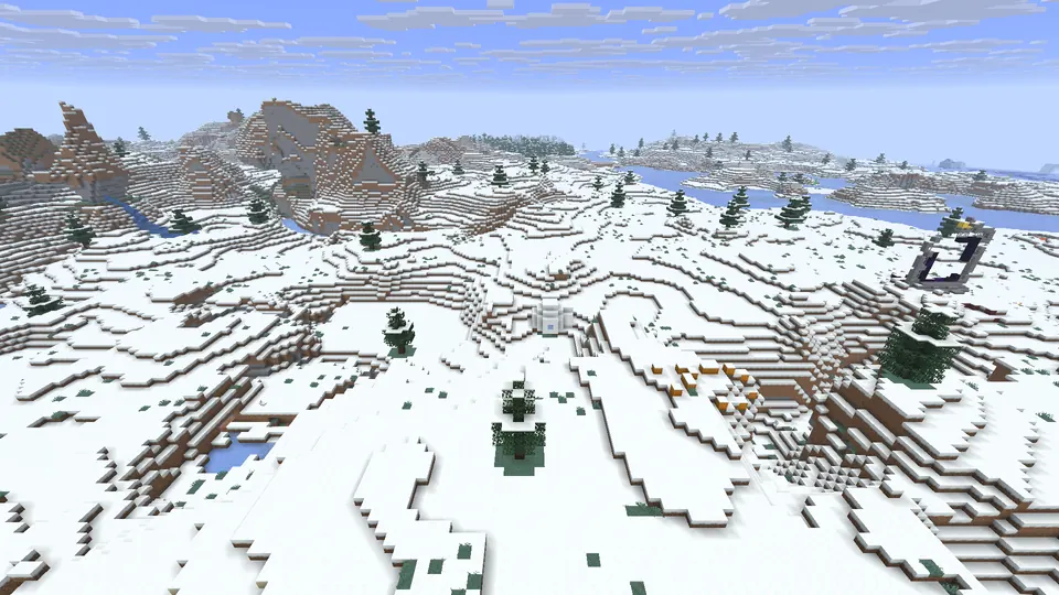 Small white igloo on snowy hills with spruce trees, a portal frame on the right and rocky hills behind