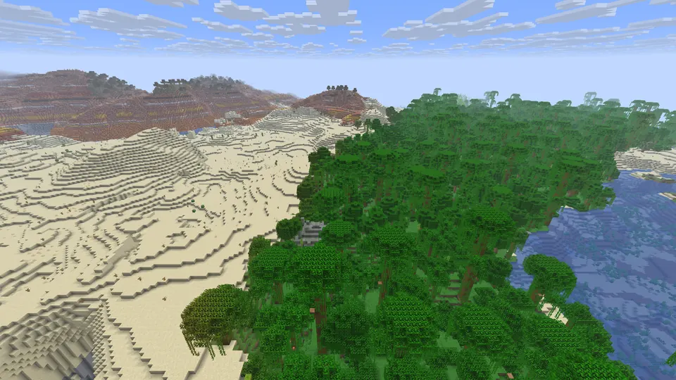 Jungle trees meeting pale sand dunes, a mossy stone temple top among the trees, badlands mesas behind