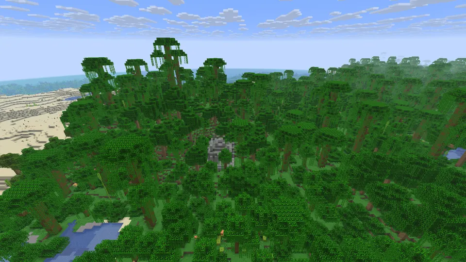 Mossy stone jungle temple in a gap in dense jungle canopy, sandy ground to the left and ocean beyond
