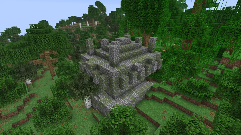Mossy cobblestone jungle pyramid among jungle trees