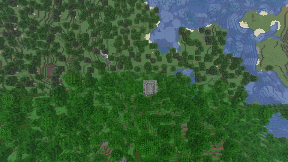 Overhead view of the jungle temple's grey stone roof in dense jungle canopy, north at the top