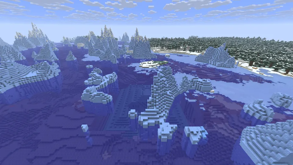 Ocean monument outline under blue water between tall icebergs, a snowy island and spruce forest shore behind
