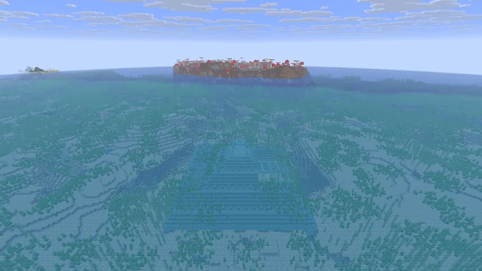 Square outline of an ocean monument under shallow green water, with a mushroom island on the horizon