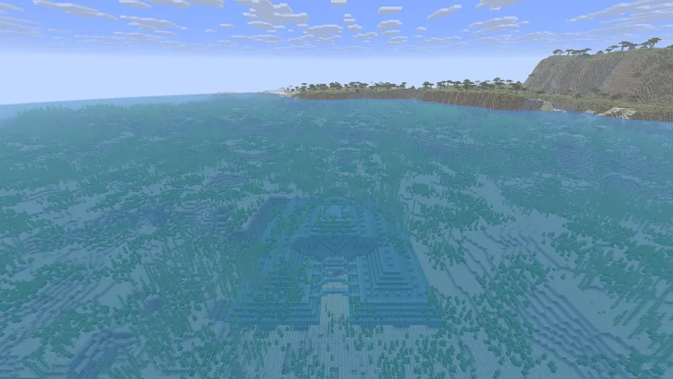 Outline of an ocean monument on the sea floor seen through clear water, a savanna coast on the right