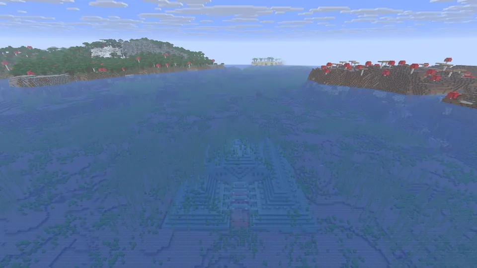 Prismarine ocean monument visible under blue water, a long mushroom island on the horizon