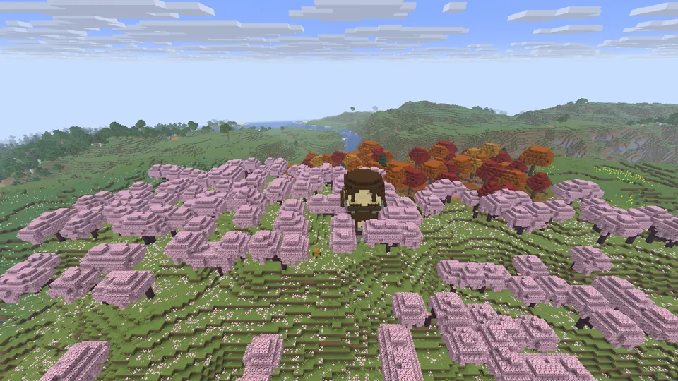 Dark wooden outpost tower among pink cherry trees on a grassy hill, red and orange trees behind