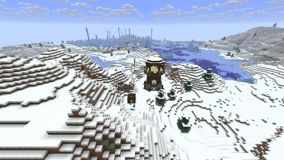 Dark wooden watchtower on a snowy hill, a frozen river and a distant field of ice spikes behind