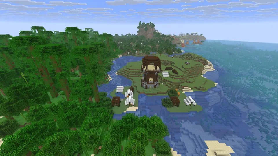 Dark wood pillager tower with white tents on a grassy knoll, jungle trees on the left and the sea on the right