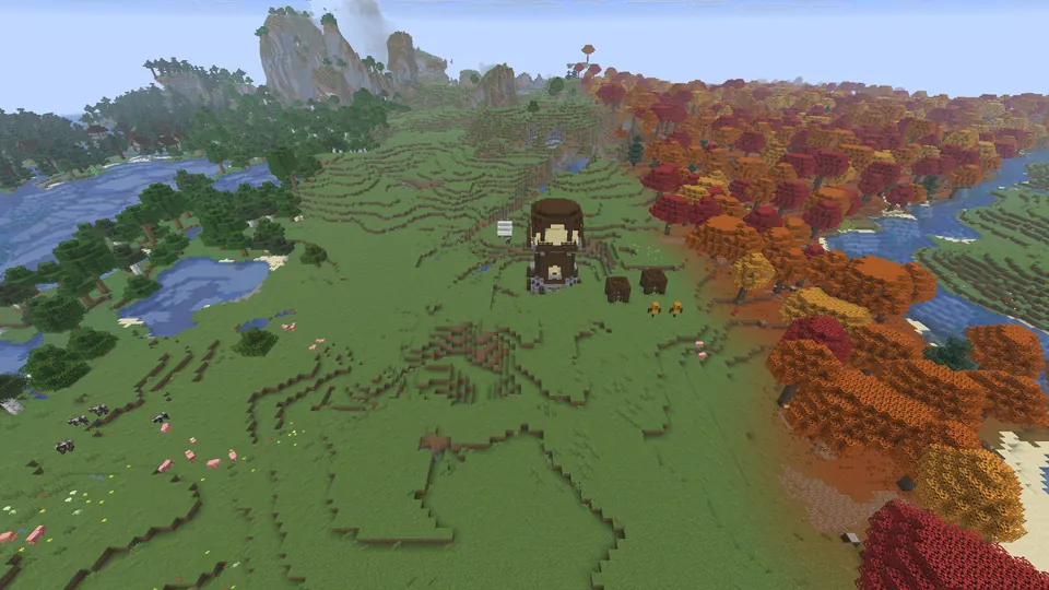 Dark wooden outpost tower on green grassland, red and orange trees to the right, a grey rock peak behind