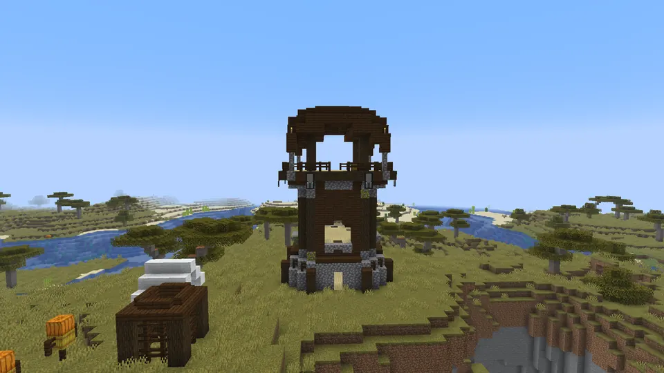 Pillager outpost tower with a tent and chest in the foreground