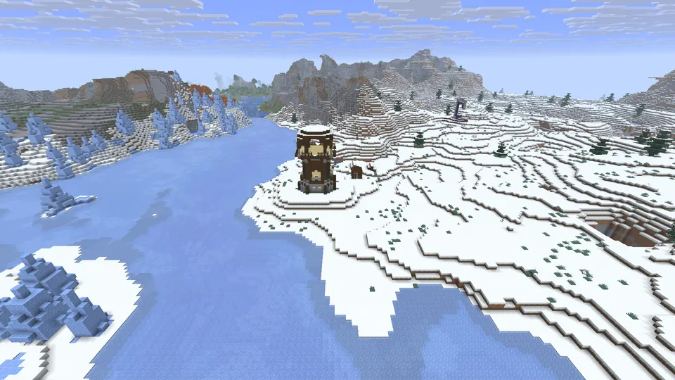 Dark wooden outpost tower on a snowy point by a frozen river, ice spikes and grey hills behind