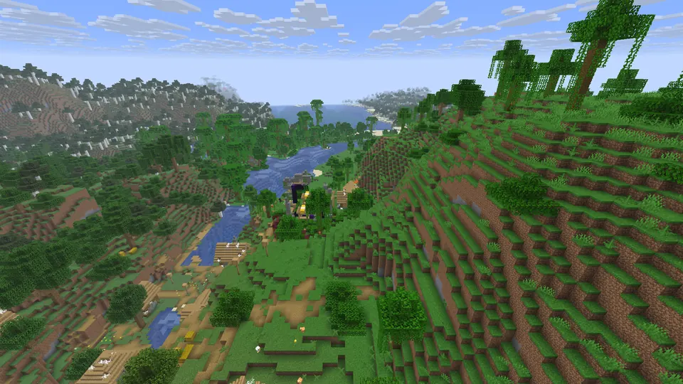Dark obsidian portal frame among village houses beside a river in a green valley, the sea in the distance