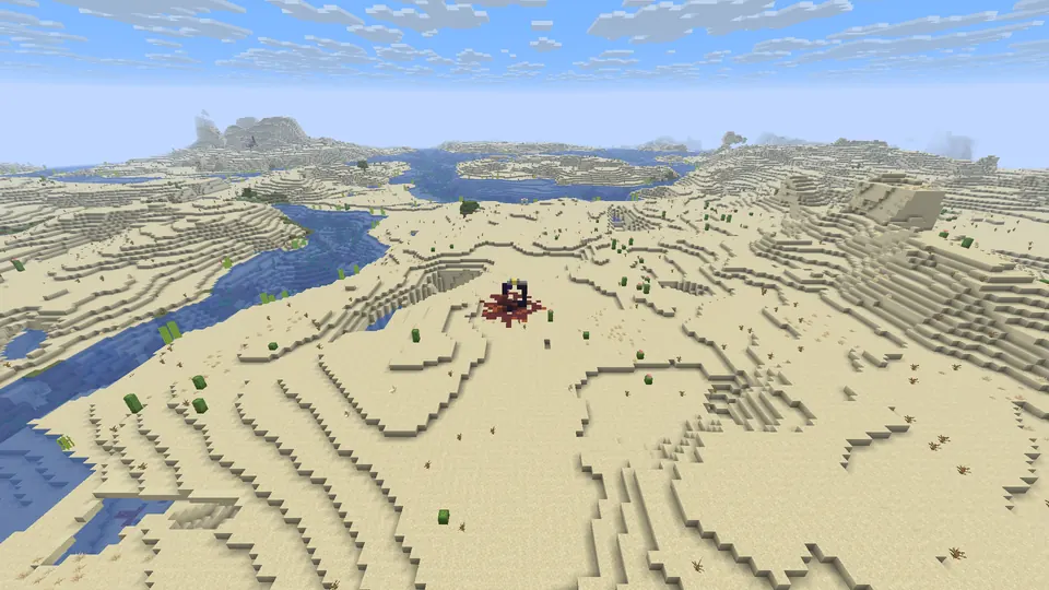 Small patch of red netherrack and dark obsidian on open sand, with rivers and dunes behind