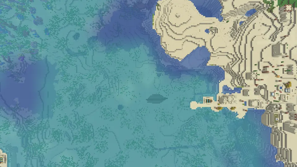 Top-down view of shallow green water with a dark hull-shaped shadow on the sea floor and a sandy pier