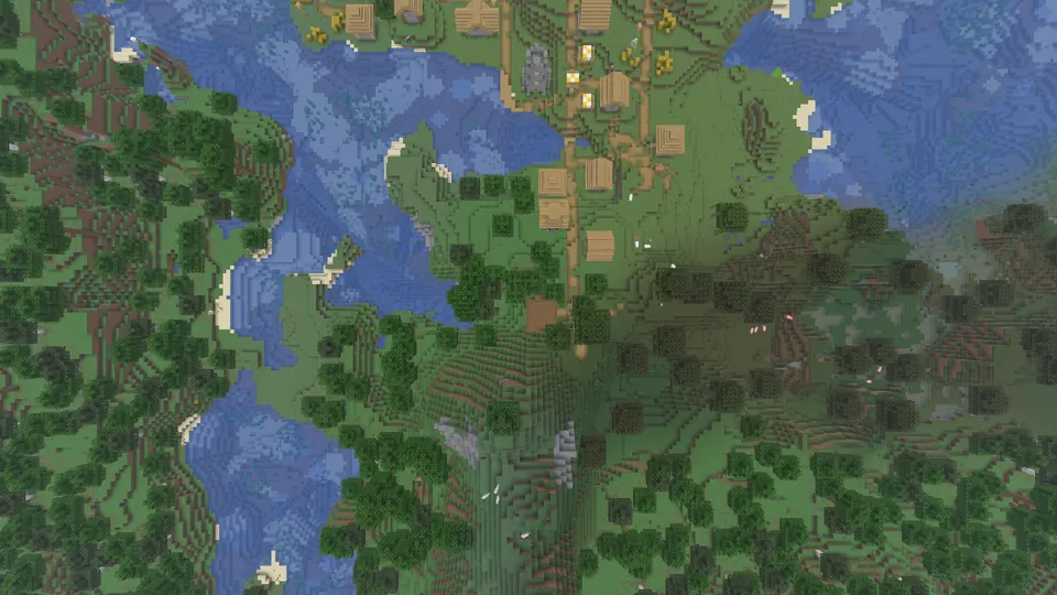 Top-down view of a village road ending at a dark square roof among dark green swamp trees