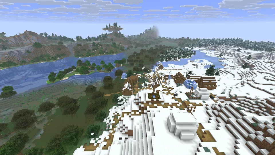 Snowy village houses on a white slope next to green swamp forest and a wide river with small islands