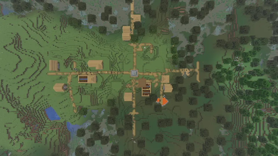 Top-down view of a plains village with a stone well at the crossroads and a dark hut roof just below it