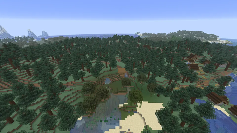 Wet ground and tree canopy around the checked swamp hut area beside the taiga village