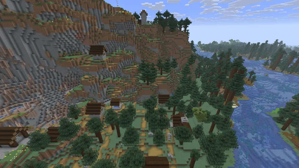 Village houses on ledges up a dirt and stone cliff, a river winding through spruce forest to the right