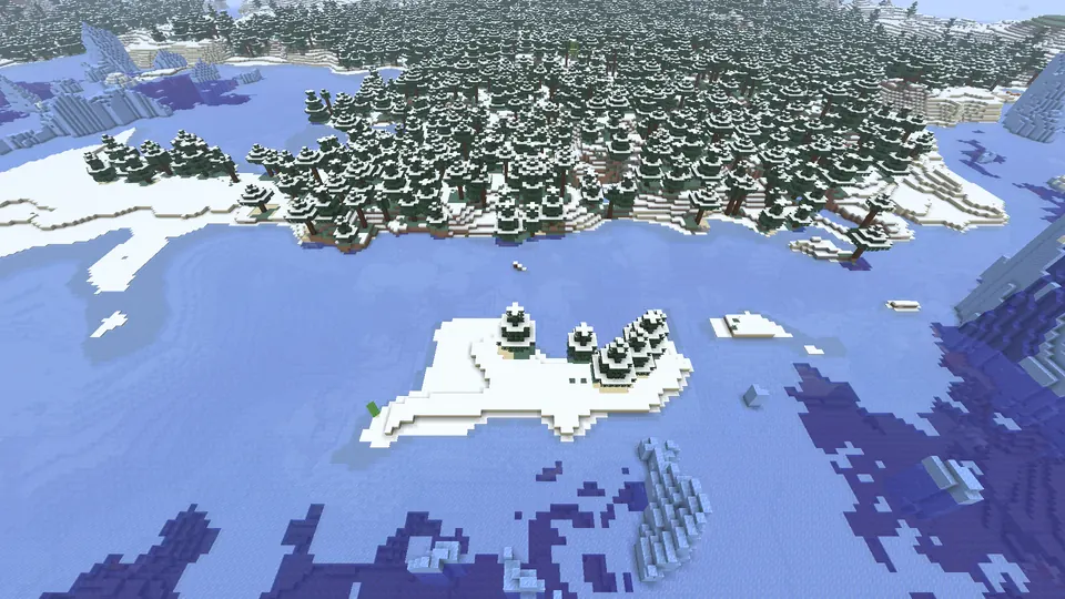 Snowy spruce forest along the edge of a frozen sea, with a small snowy islet in the foreground