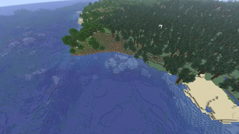 Wide blue bay with sandy beaches, ringed by dense dark green forest