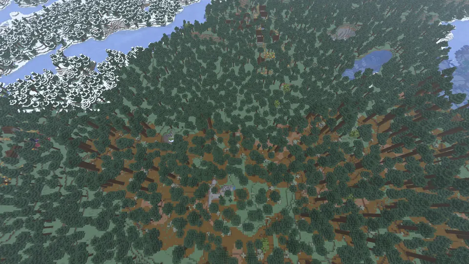 Dense old growth spruce forest with patches of brown ground, snowy forest and a river at the top left