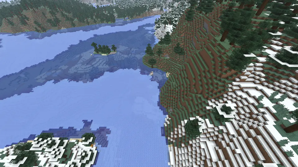 Partly frozen lake with a small spruce islet, snowy spruce hills on one side and a grassy slope on the other