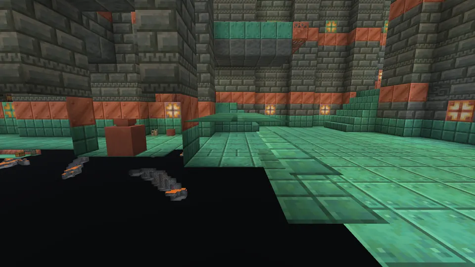 Tuff brick room with copper trim and a green copper floor, dark cave space in the foreground