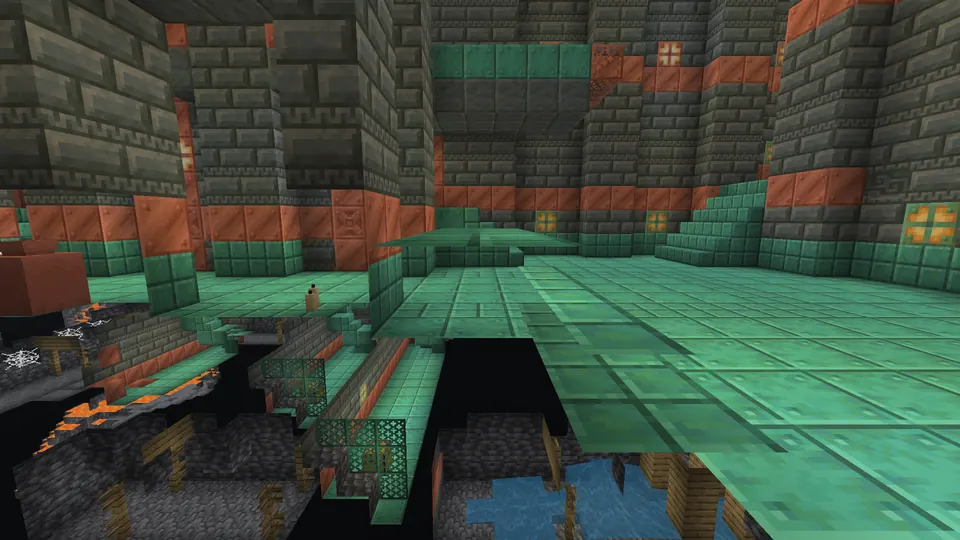 Tuff brick and copper walls around a teal copper floor, with copper grates and a dark drop below