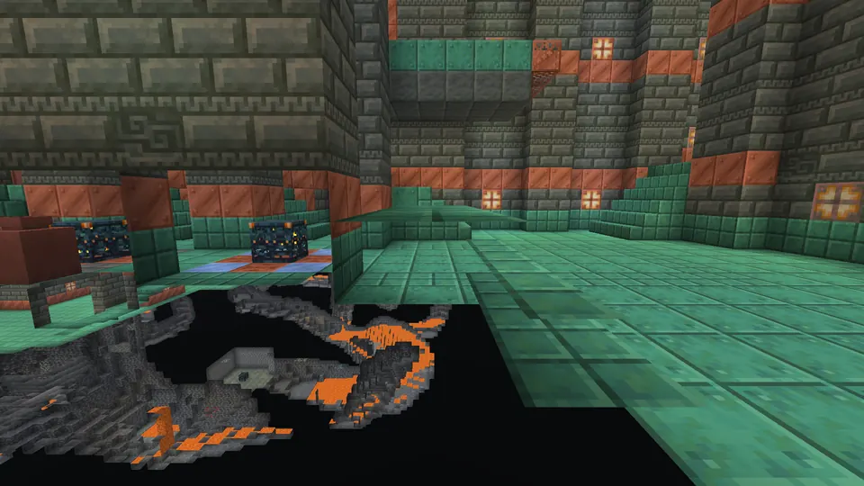 Tuff brick and copper walls with a teal copper floor, a dark cave opening on the left