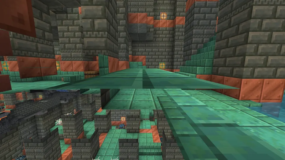Tuff brick hall with copper trim and a green copper floor, walkways leading down into it