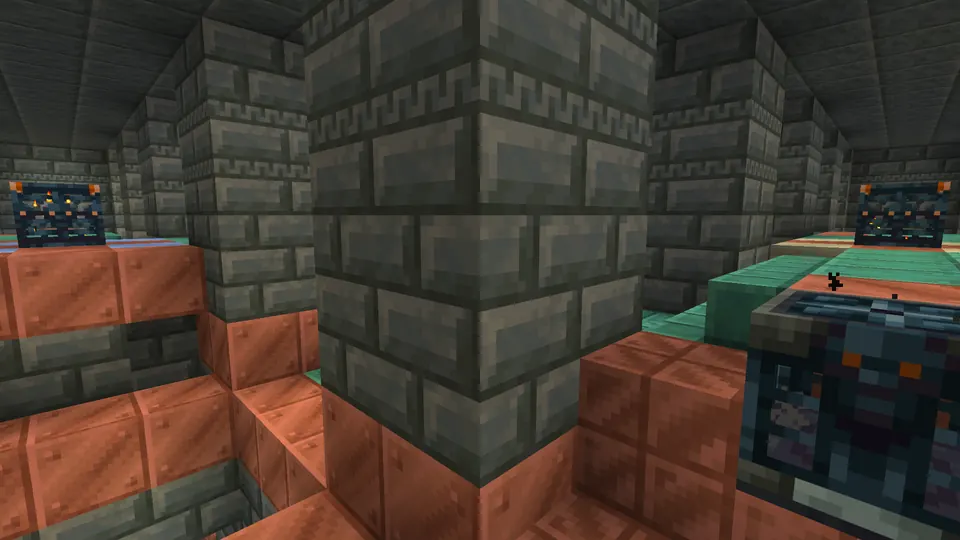 Copper platforms and tuff-brick pillars inside a naturally generated trial chamber