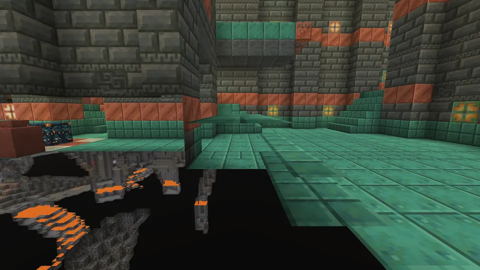 Tuff brick walls with copper blocks and a teal copper floor, a deepslate cave dropping away on the left