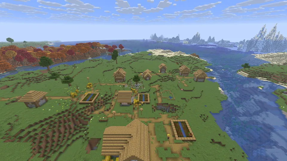 Plains village houses and farms on green grass, a river to the right and ice spikes far off