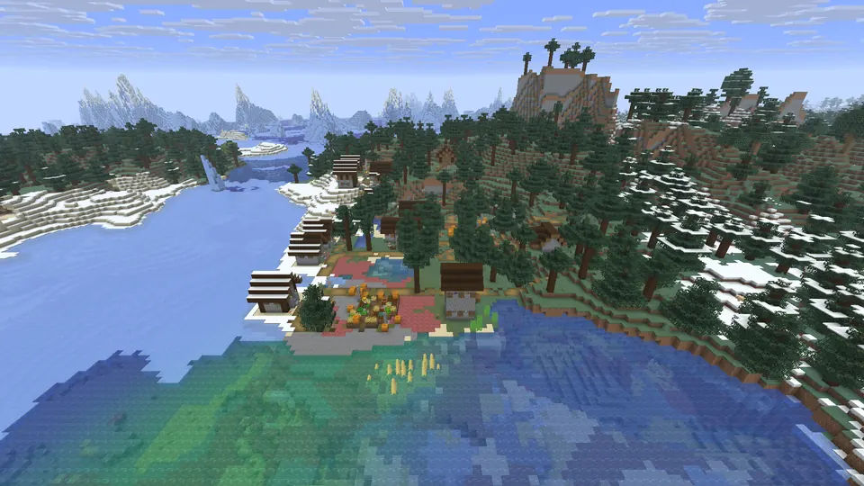 Spruce village houses and crop plots on a lakeshore, snowy banks, forested hills and icy peaks behind