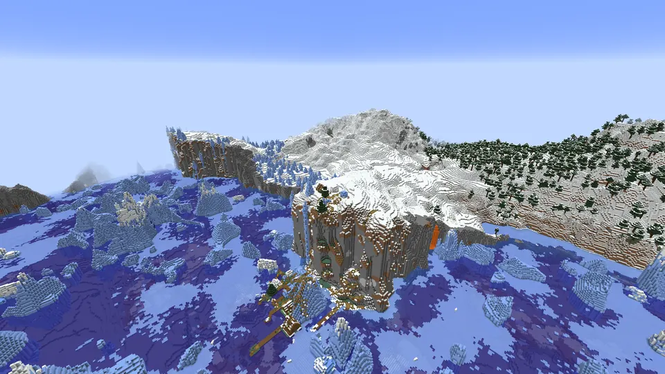 Snowy stone sea cliff with a village running down onto a frozen ocean full of icebergs, Minecraft Java 1.20.1
