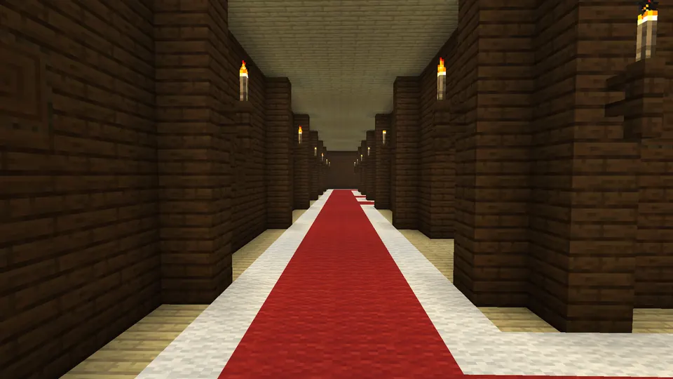 Long red-carpet corridor lined with dark oak pillars in a woodland mansion