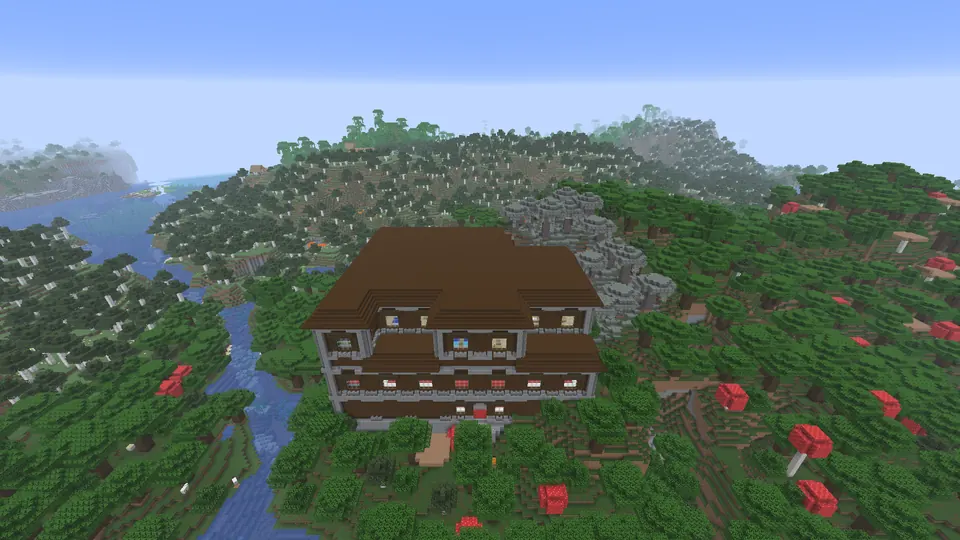 Woodland mansion front in dark forest with giant red mushrooms, a river winding past on the left