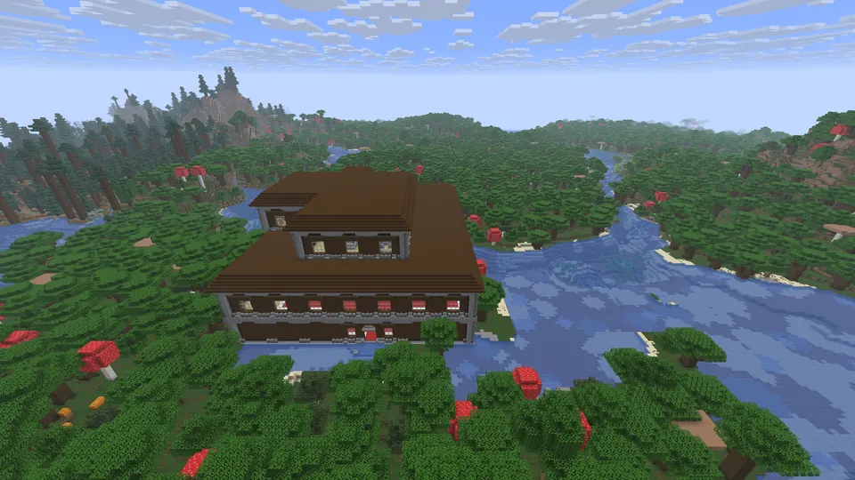 Large dark wooden mansion on a riverbank in dark green forest, giant red mushrooms around it and hills behind