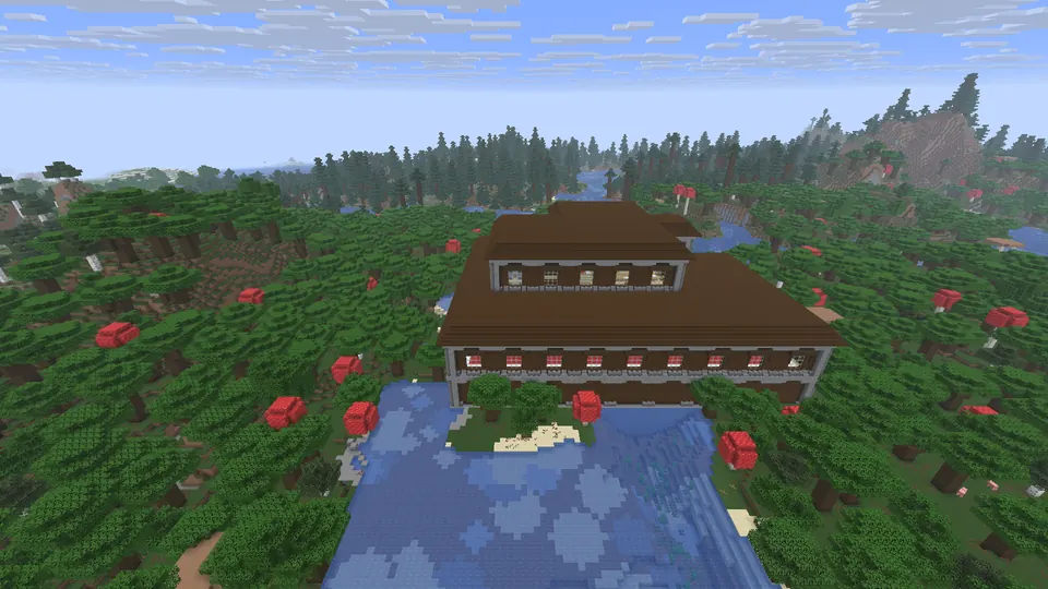 Front of a dark wooden mansion across a river pool, with red mushroom caps in the forest